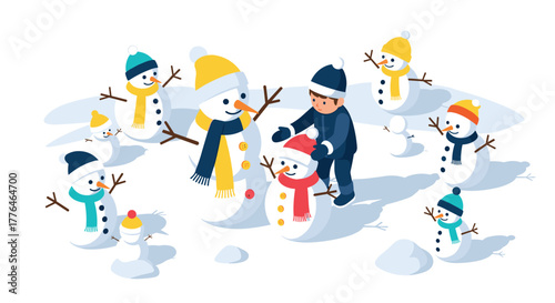 Winter fun children building snowmen in playful cartoon style scene