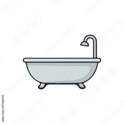 Illustration of a gray bathtub with a curved shape and a simple faucet, isolated on a white background.