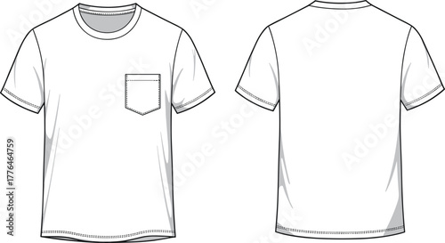 Basic short sleeve t-shirt front and back view, crew neck, chest pocket, fashion sketch, apparel template, garment design, vector illustration