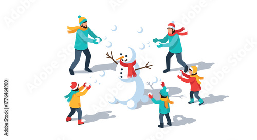 Family enjoys building snowman in winter fun scene with playful snowball fight