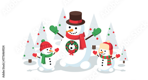 Festive snowman family in winter wonderland with christmas decorations