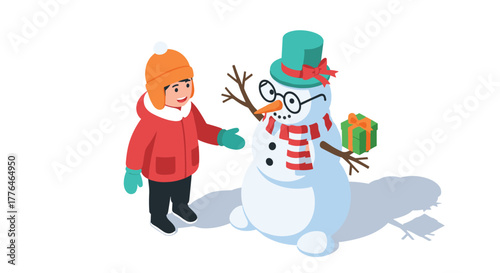 Winter fun child with snowman in isometric holiday scene
