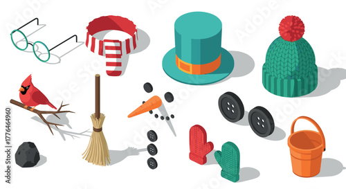 Winter accessories collection with festive hats, mittens, and snowman parts