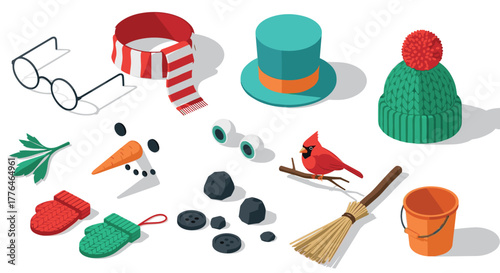 Winter accessories and holiday elements in isometric style