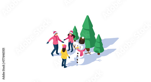 Isometric winter fun friends building snowman among pine trees