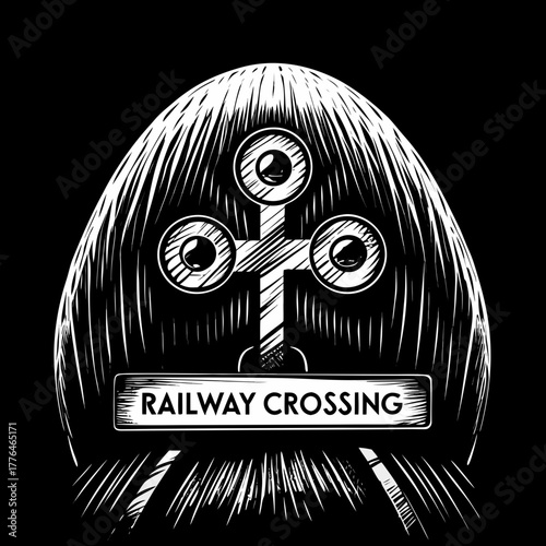 Railway crossing sign illustration in monochrome style on black background  