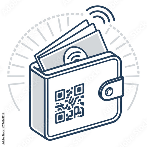Illustration of a wallet with qr code and money emitting wifi