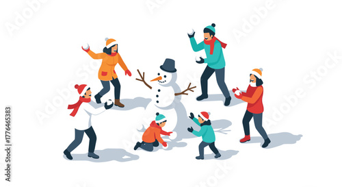 Playful snow day flat design snowball fight with snowman and kids in winter scene
