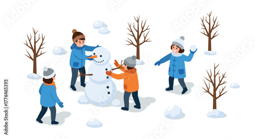 Children building a snowman in a winter park scene with bare trees and snowballs