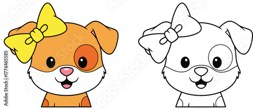 Cute Cartoon Puppy with Yellow Bow - Adorable Animal Vector Illustration for Kids