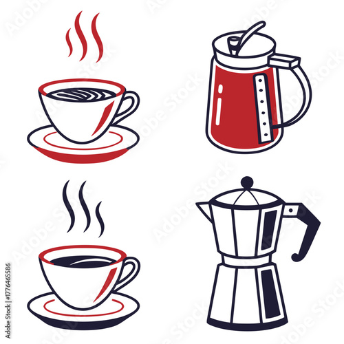 Illustration of coffee cups and pots with steam rising up