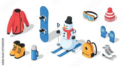 Winter sports and snowman fun isometric skiing and snowboarding gear
