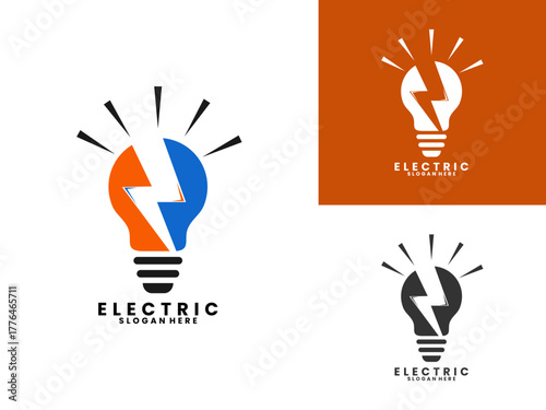 Electric lightning with lights logo design vector template. Bulb power logo design