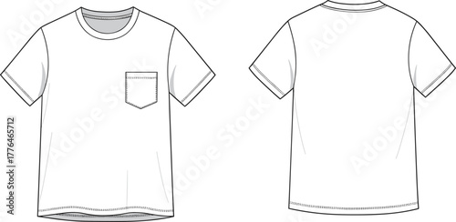 Basic white short sleeve t-shirt, front and back view, technical fashion sketch, round neck, chest pocket, apparel design, vector illustration