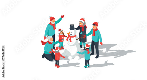 Family building a snowman in winter wonderland isometric illustration