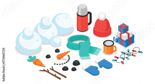 Isometric winter set with snowballs, gifts, and winter accessories for festive designs