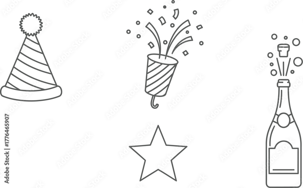 Fototapeta premium Vector art of party hat, cracker, star and champagne