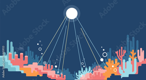 Underwater coral reef illuminated by light beams from above.