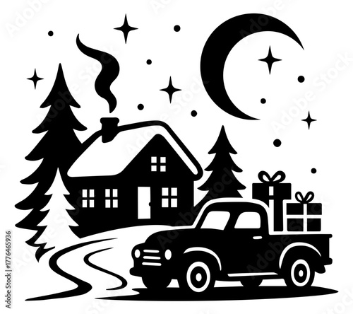 Christmas Pickup Truck SVG, Winter House Scene SVG, Vintage Truck with Gifts SVG