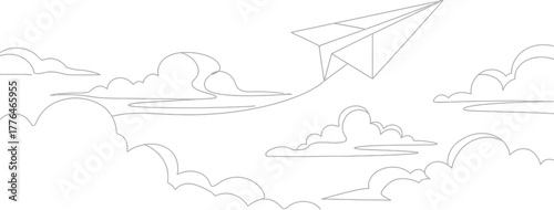 Vector art of paper airplane flying in the clouds