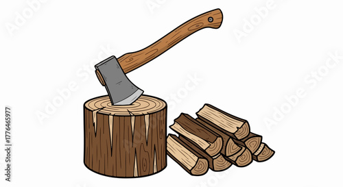 Axe chopping woodpile with transparent background