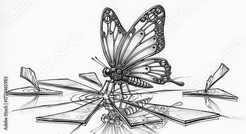 Intricate Steampunk Butterfly on Shattered Reflective Surface with Water Ripples, Transparent Background