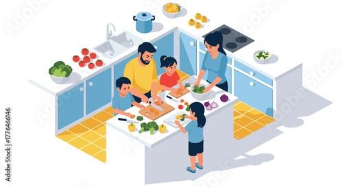 Family cooking together in modern kitchen isometric design