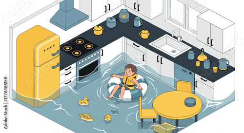 Child floating in flooded kitchen with yellow appliances and furniture