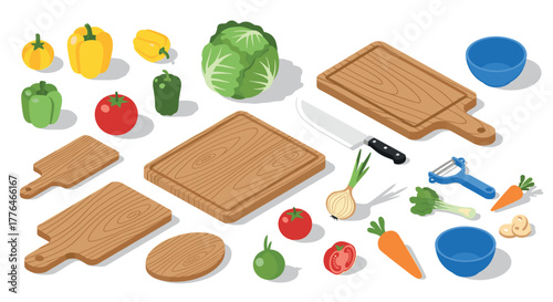 Isometric kitchen tools and vegetables set with cutting boards and knife
