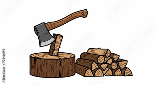 Wood chopping with pile of firewood