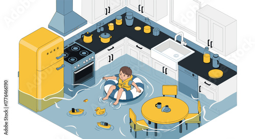 Playful flooded kitchen with child in life vest and yellow accents in isometric style