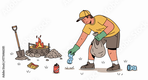 Cleanup volunteer picking up trash near campfire