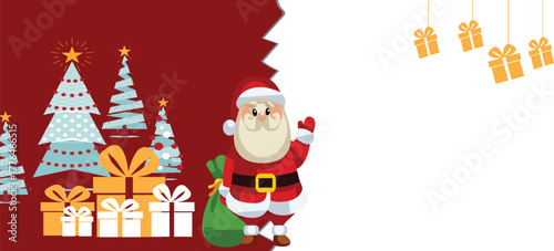 Cute Santa Claus with Gift Boxes in Winter Forest Christmas Background