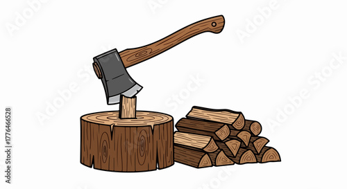 Axe chopping woodpile with transparent background