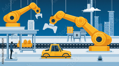 Robotic arms assembling a car on a modern factory assembly line