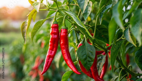 Red Chili growing in field, Red Chilies growing in field in natural warm sunlight background