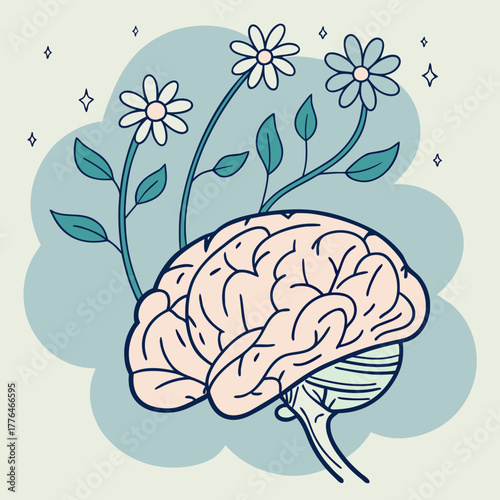 Brain with flowers growing out of it on a cloudy background