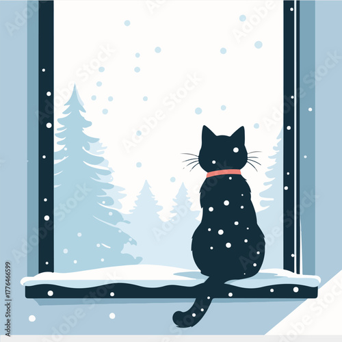 a cute cat sitting on a windowsill looking outside at falling snow