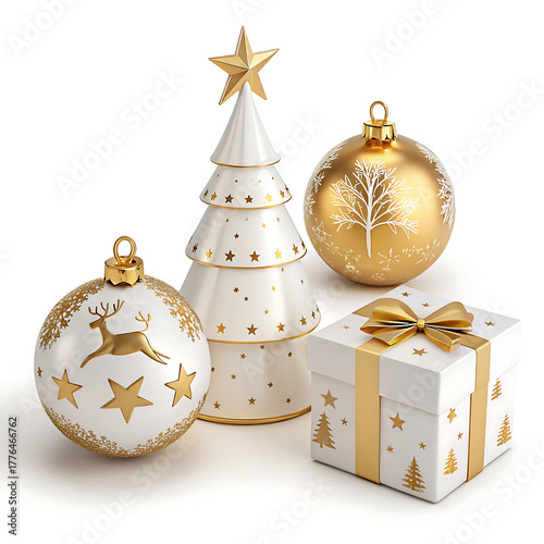 golden christmas balls with stars, Set of 3D Christmas decorations with golden bauble, white cone tree, reindeer, gift box with ribbon and stars. Elegant festive elements for winter New Year holiday