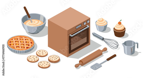 Isometric kitchen baking set with oven, pastry tools, and treats for culinary delight