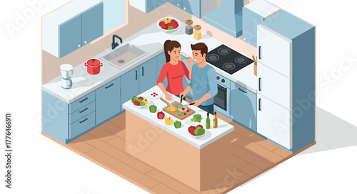 Isometric kitchen scene with couple cooking together
