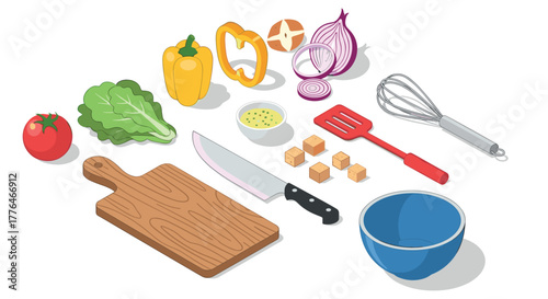 Isometric kitchen ingredients and utensils for cooking scenes