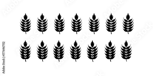 Wheat icon set. Collection of black wheat ear silhouettes, ideal for agriculture logos, organic product labels, and rural themed designs. Vector illustration. EPS