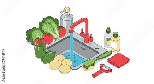 Kitchen sink still life with vegetables and cleaning supplies in isometric style