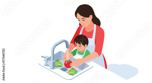 Mother and child washing vegetables at kitchen sink in 3d isometric style
