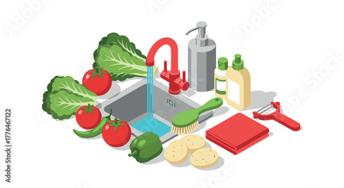 Isometric kitchen sink scene with vegetables and cleaning supplies