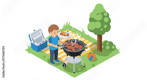Isometric backyard bbq scene with grilling boy, cooler, and picnic setup