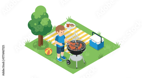 Summer barbecue scene with boy grilling in a park isometric style