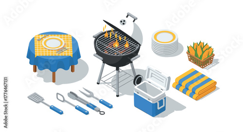 Summer barbecue essentials with isometric grill, tableware, and picnic gear