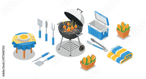 Isometric summer barbecue setup with grill, cooler, and picnic accessories
